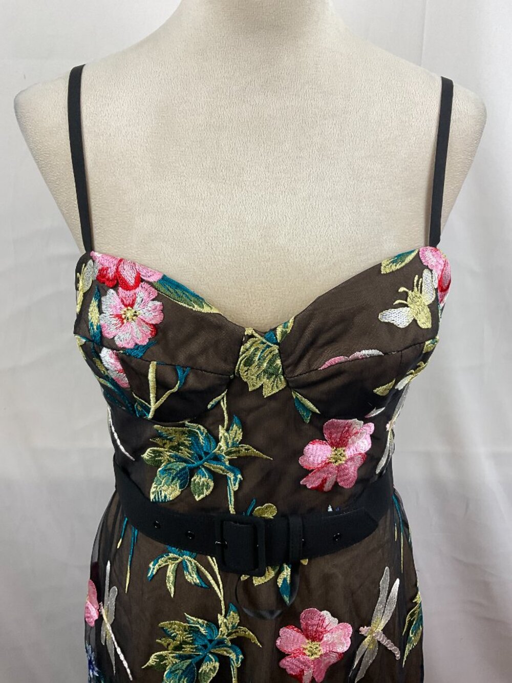 Dress the Population Dress M Black Beige Pink Green Blue Embroidered Overlay - Picture 3 of 11